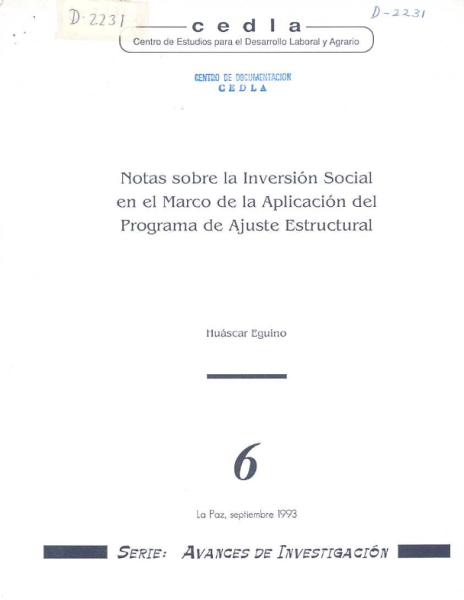Serie Avances de investigación 6: Notas sobre la inversión social en el marco de la aplicación del programa de ajuste estructural