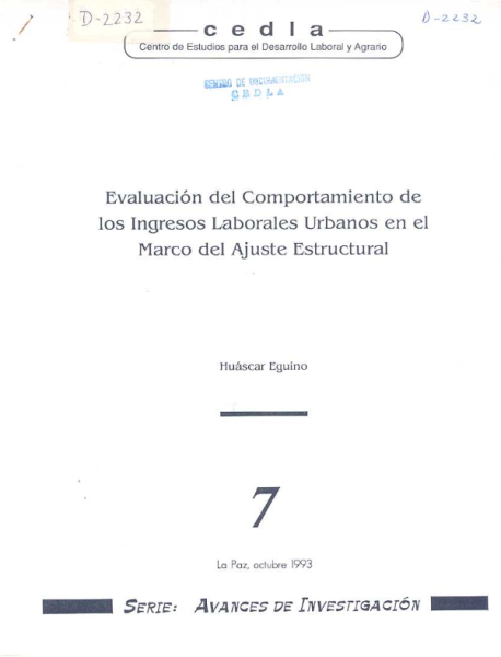 Serie Avances de investigación 7: Evaluación del comportamiento de los ingresos laborales urbanos en el marco del ajuste estructural