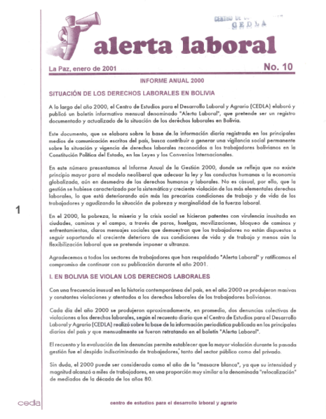 Alerta Laboral 10: Informe anual 2000, Situación de los Derechos Laborales en Bolivia