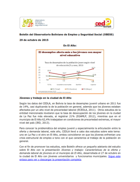 Boletín OBESS:  Jóvenes y trabajo en la ciudad de El Alto