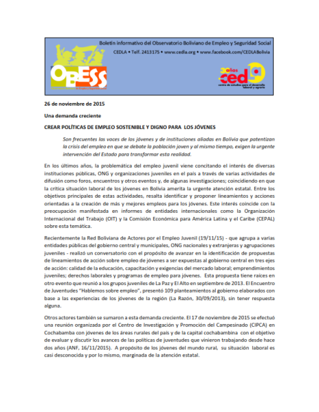 Boletín OBESS: Crear políticas de empleo sostenible y digno para los jóvenes