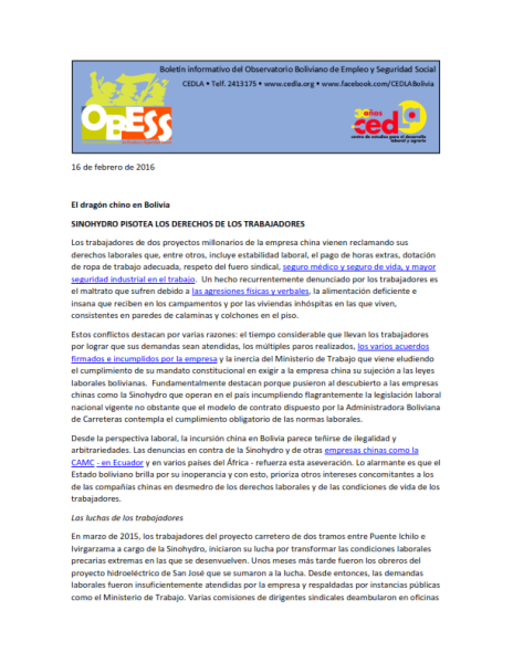 Boletín OBESS: Sinohydro pisotea los derechos de los trabajadores
