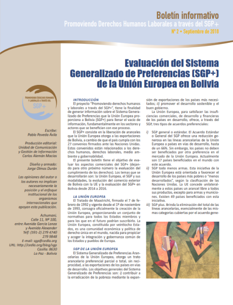 Boletín del SGP+ 2: Evaluación del Sistema Generalizado de Preferencias (SGP+) de la Unión Europea en Bolivia