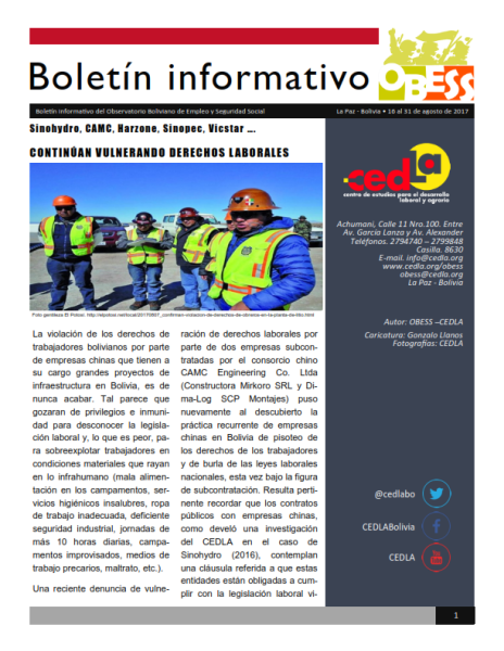 Boletín OBESS: Sinohydro, CAMC, Harzone, Sinopec, Vicstar... Continúan vulnerando derechos laborales