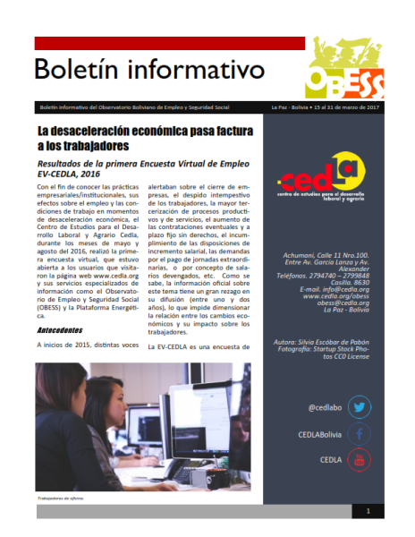 Boletín OBESS: La desaceleración económica pasa factura a los trabajadores. Resultados de la primera Encuesta Virtual de Empleo EV-CEDLA 2016
