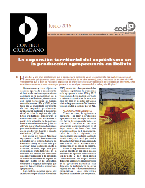 Control Ciudadano 30: La expansión territorial del capitalismo en la producción agropecuaria en Bolivia