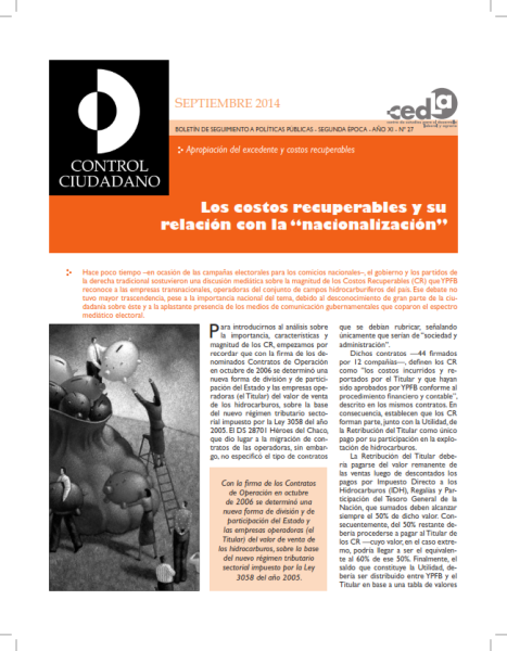 Control Ciudadano 27: Los costos recuperables y su relación con la "nacionalización"