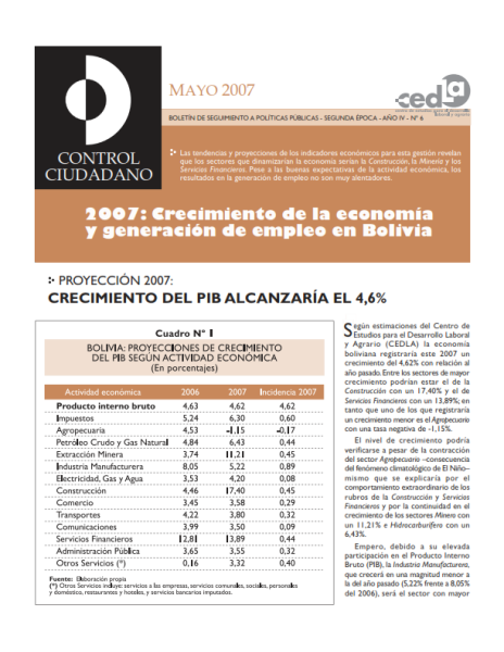 Control Ciudadano 6: 2007: Crecimiento de la economía y generación de empleo en Bolivia