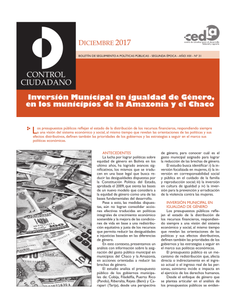 Control Ciudadano 31: Inversión municipal en igualdad de Género, en los municipios de la Amazonia y el Chaco